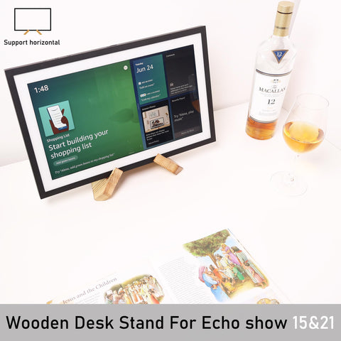 HOOKMEMO solid wood tablet stand supports Echo Show 21 with vertical orientation