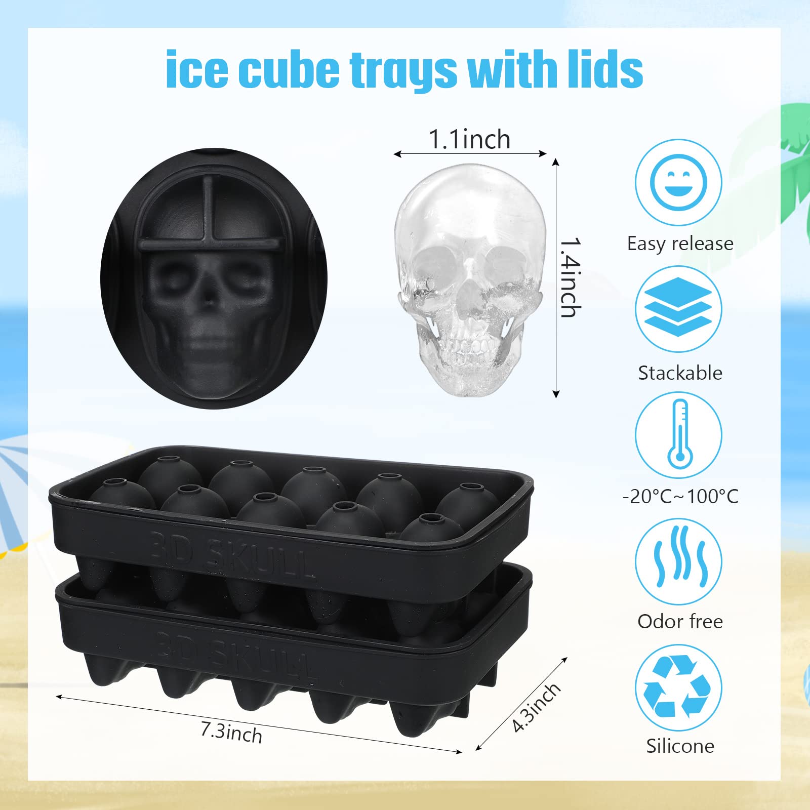 Hoolerry skull ice cubes in a cocktail glass for a spooky party vibe.