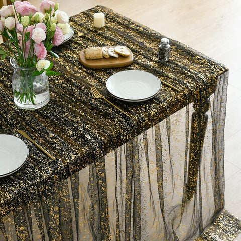 Horaldaily Black Gold Gauze Tablecloth 60x84 on a formal wedding banquet.