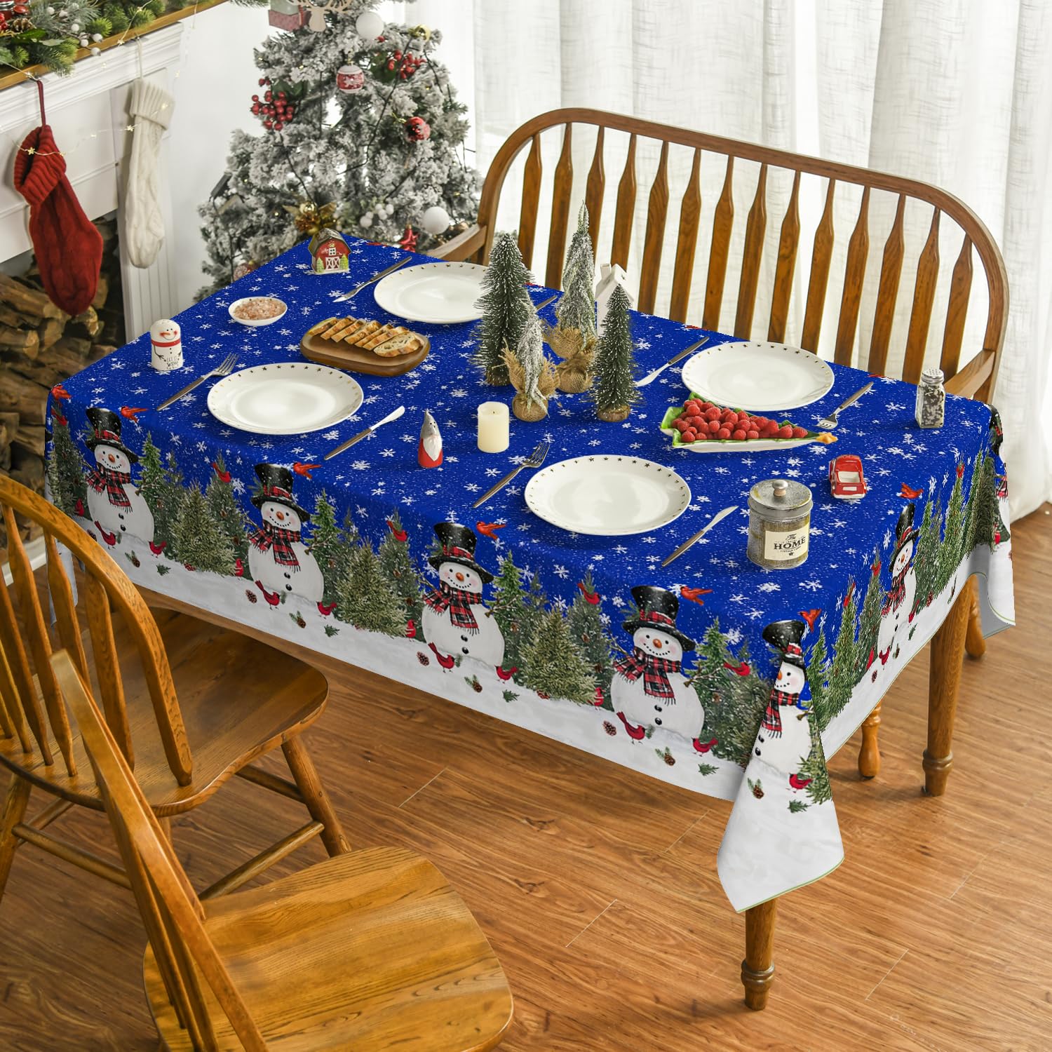 Horaldaily blue winter tablecloth sets a cozy holiday dining scene