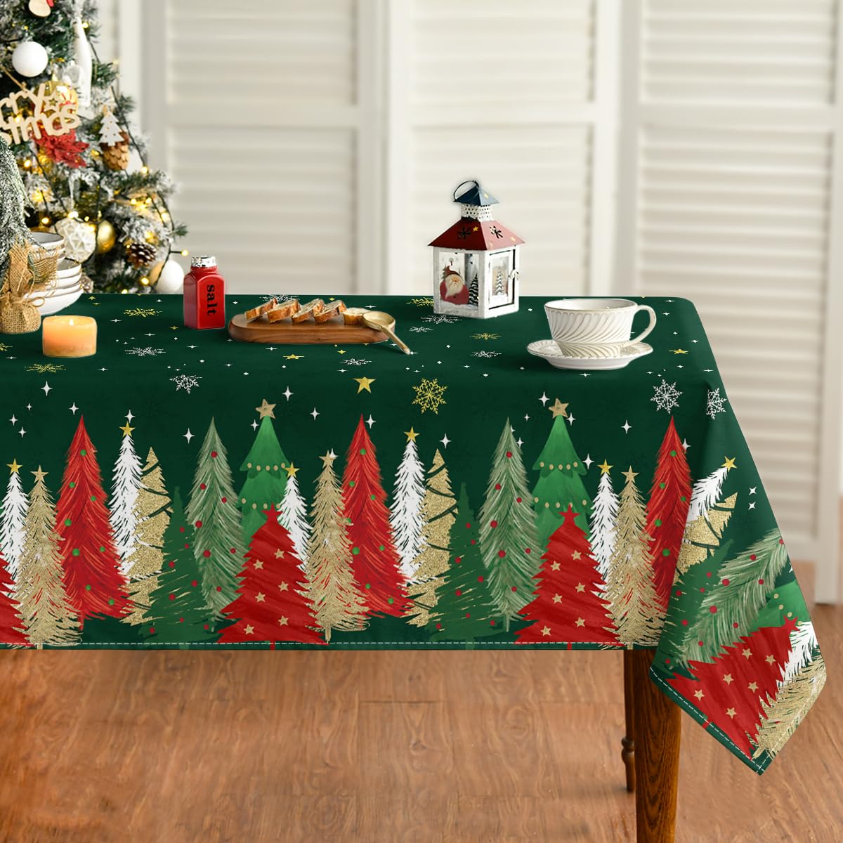 Horaldaily Christmas tablecloth with green trees creates festive dining ambiance.