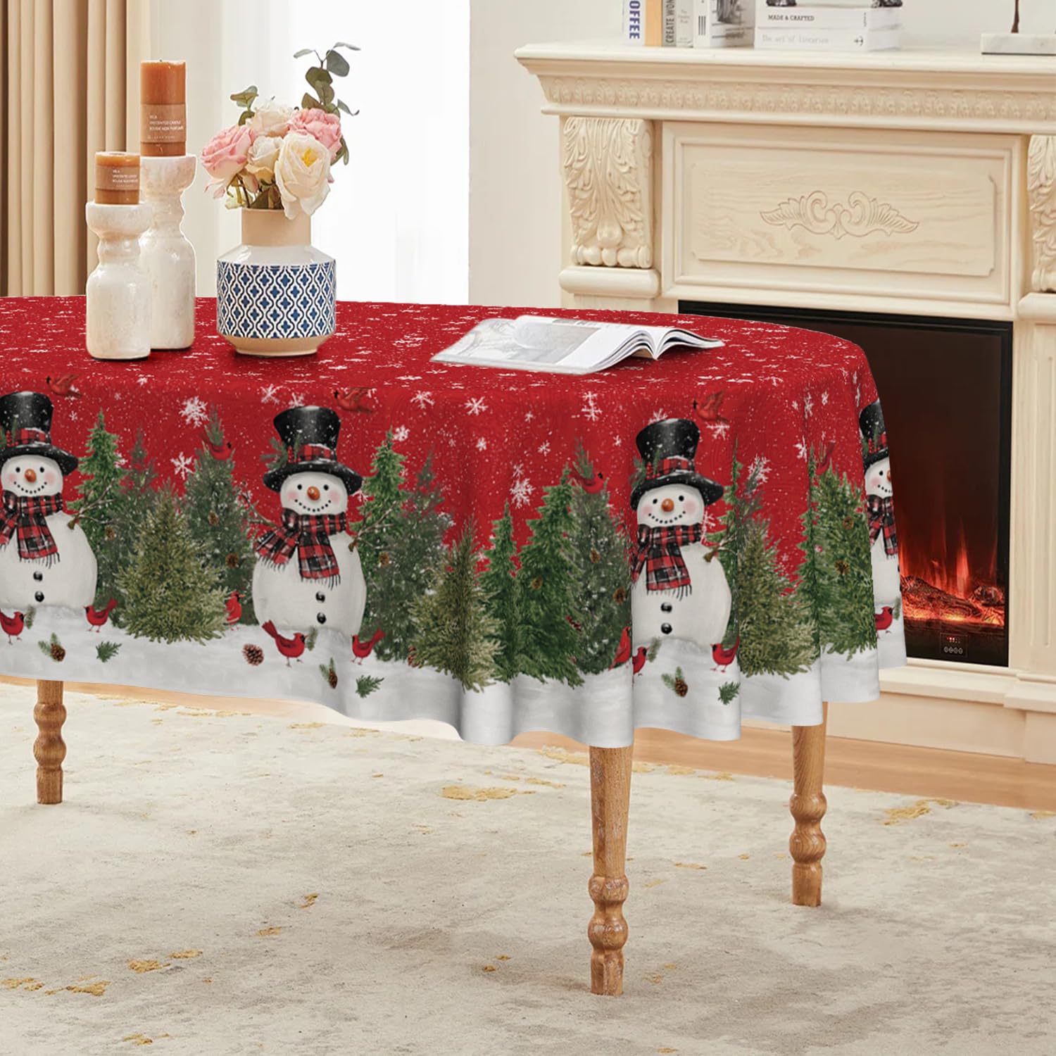 Horaldaily Christmas tablecloth features snowman and trees, perfect for festive dinners.