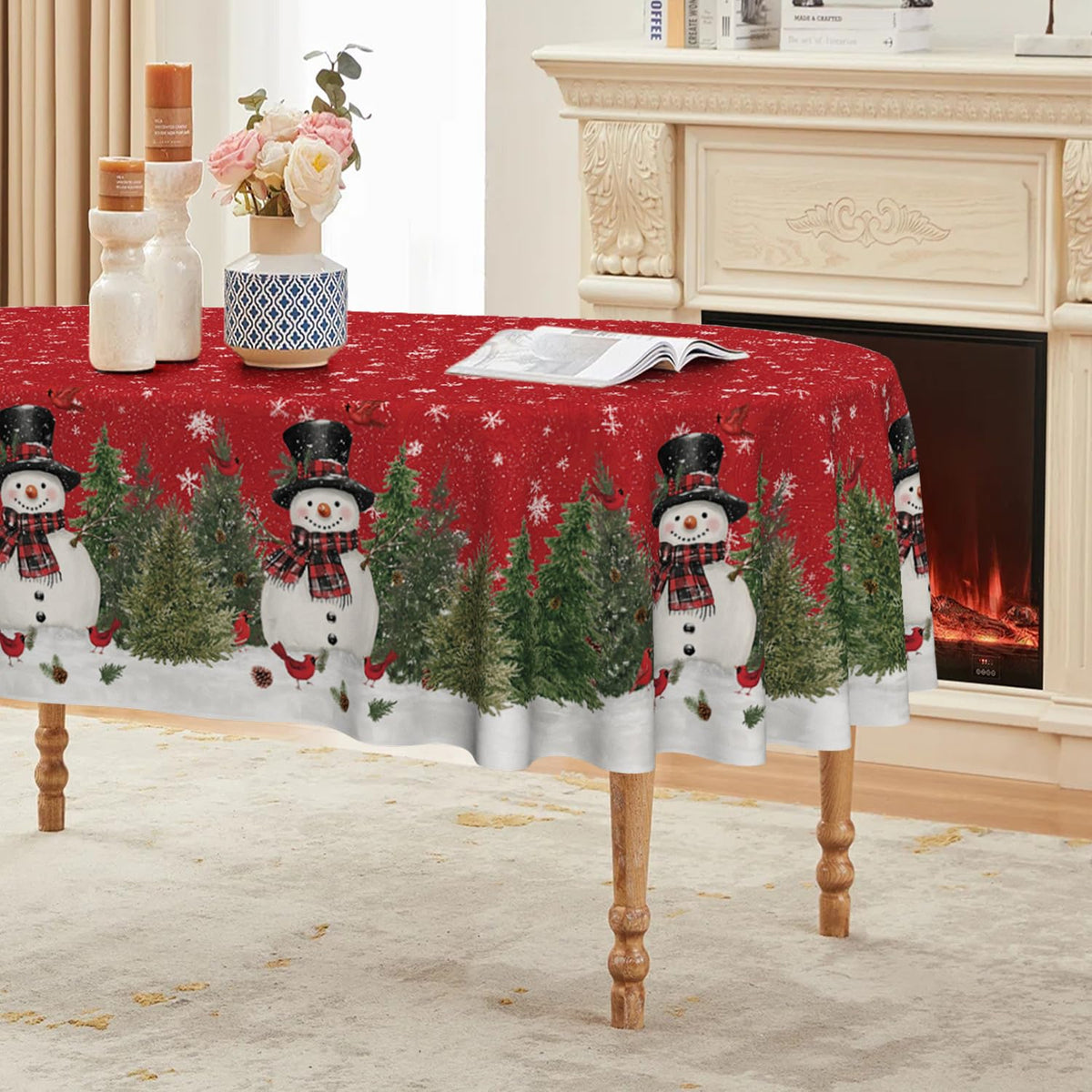 Horaldaily Christmas tablecloth features snowman and trees, perfect for festive dinners.