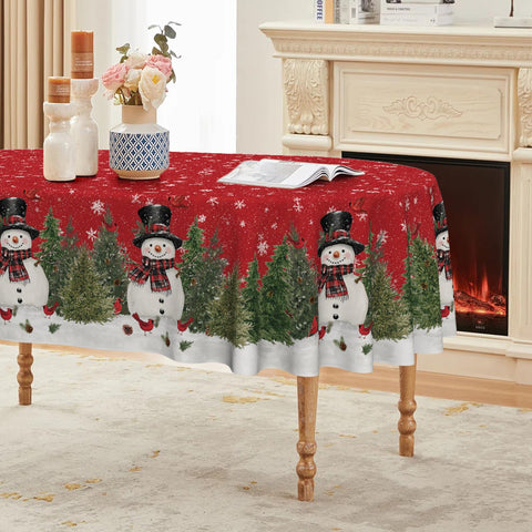 Horaldaily Christmas tablecloth features snowman and trees, perfect for festive dinners.
