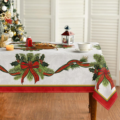 Horaldaily Christmas tablecloth with poinsettia and golden ribbon for festive dining