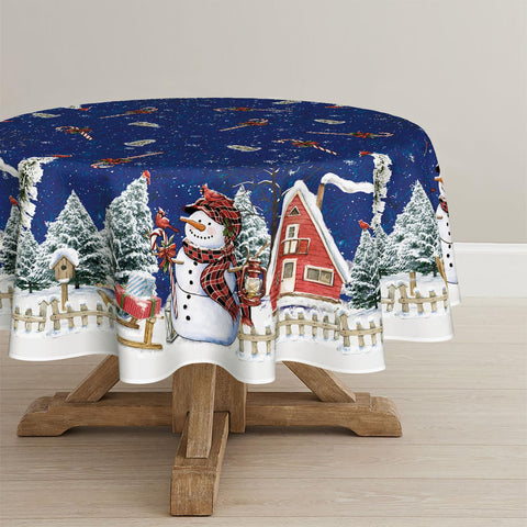 Horaldaily round Christmas tablecloth with snowmen for festive decor and easy cleaning.
