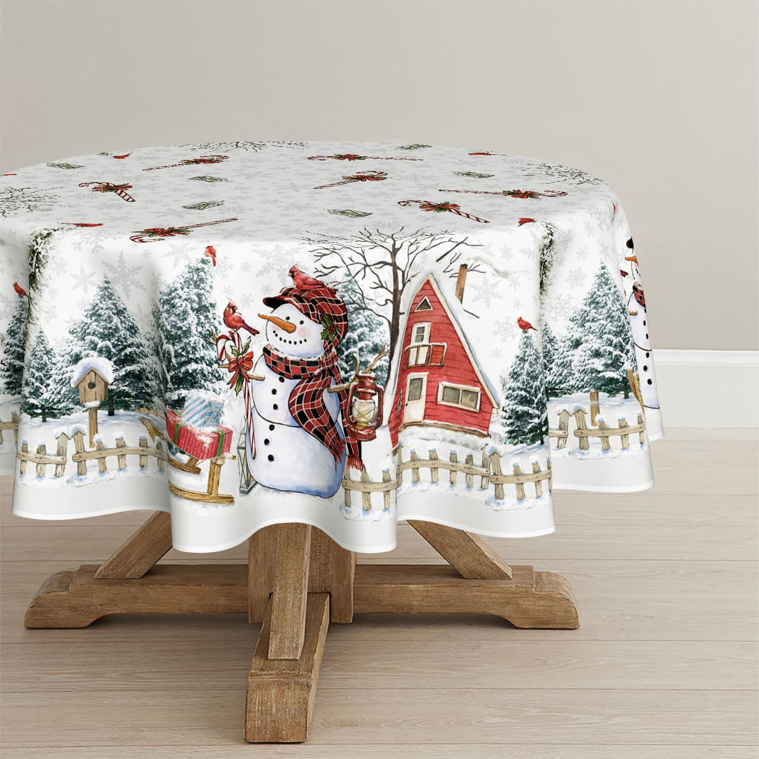 Horaldaily Christmas tablecloth round 70in with snowman motif enhances festive gatherings.