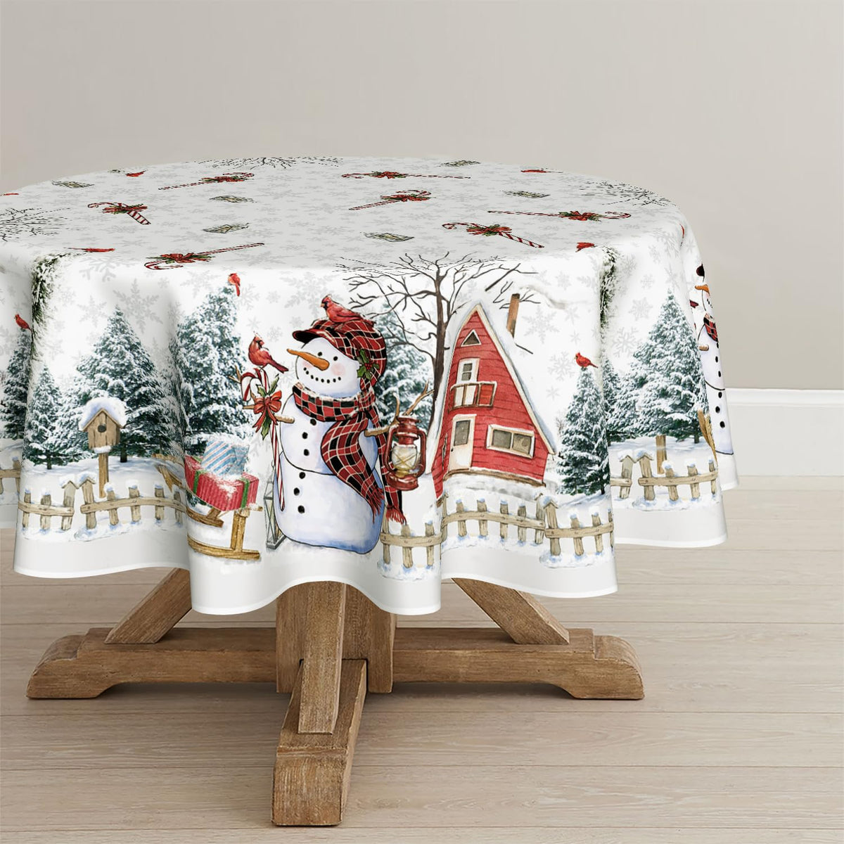 Horaldaily Christmas tablecloth round 70in with snowman motif enhances festive gatherings.