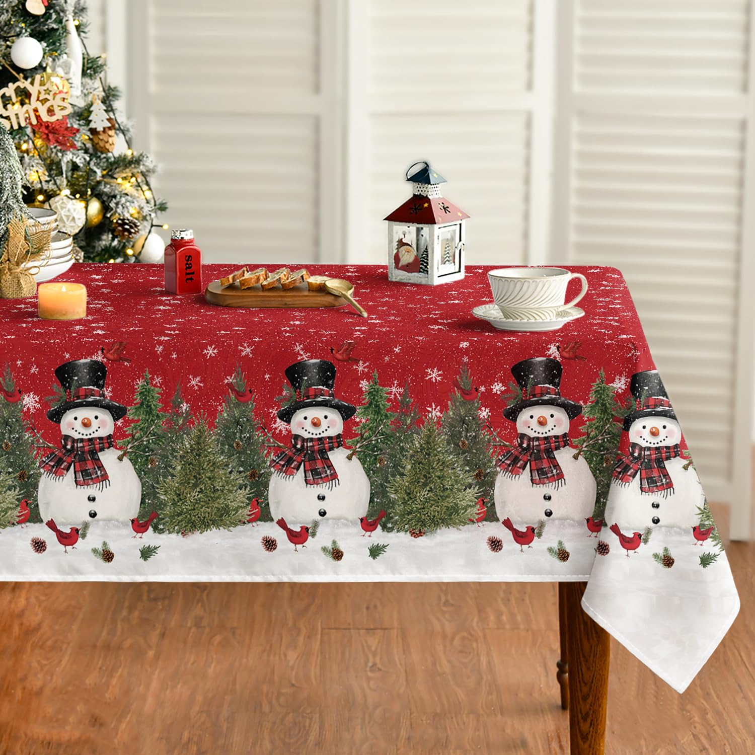 Horaldaily Christmas tablecloth with snowmen and trees for festive meals.
