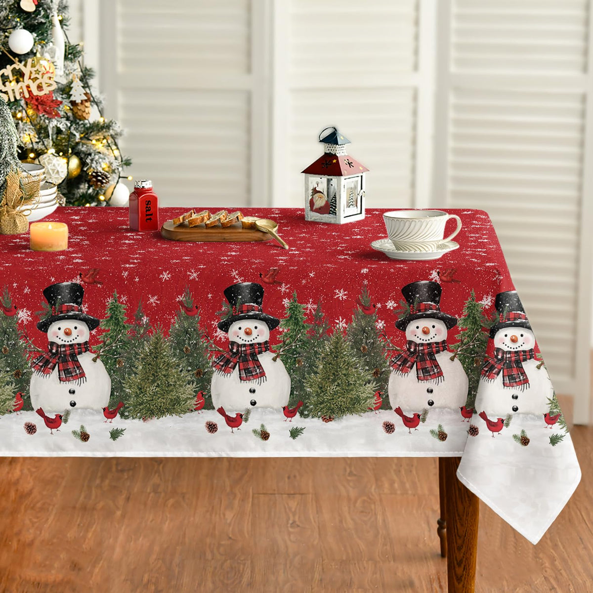 Horaldaily Christmas tablecloth with snowmen and trees for festive meals.