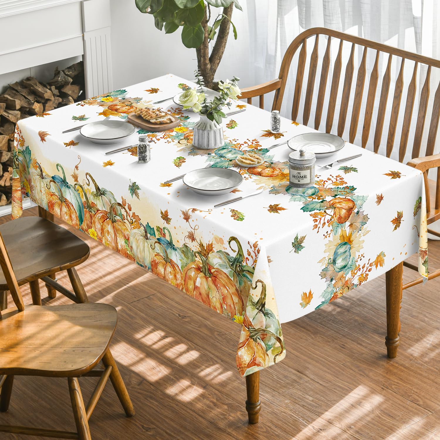 Horaldaily tablecloth in orange harvest colors adds festive holiday mood.