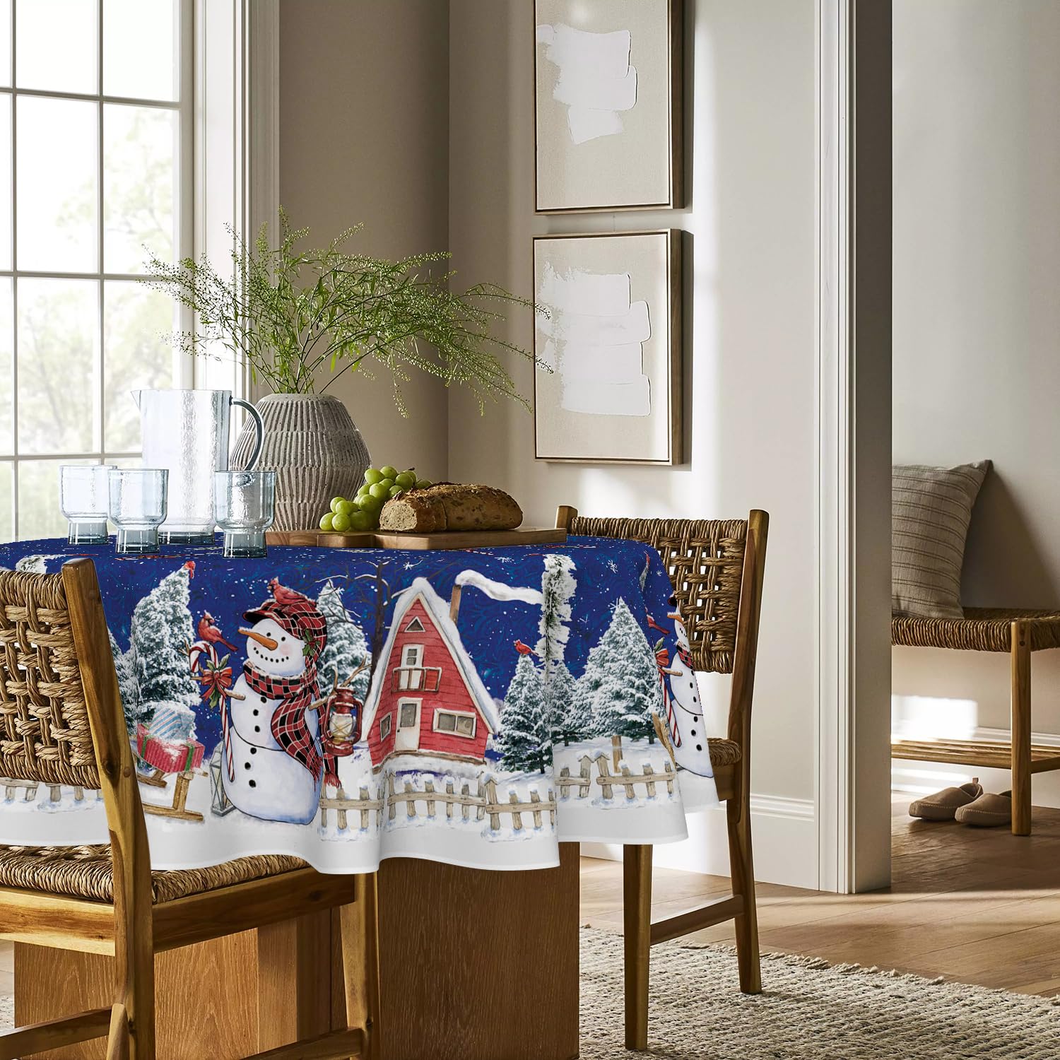 Horaldaily blue holiday pattern tablecloth enhances dining ambiance.