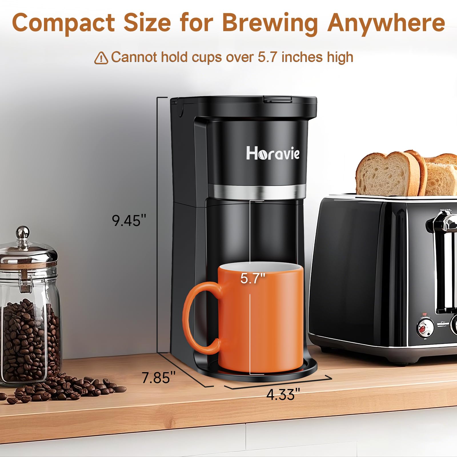 Horavie 6 to 12 oz brew sizes for customizable cups.