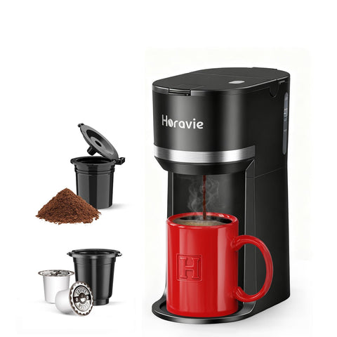 Horavie Mini coffee maker front view, ideal for small kitchens.