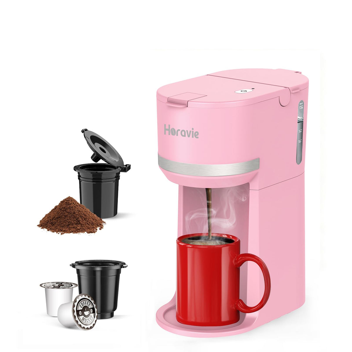 Horavie mini coffee maker shows pod and ground compatibility for quick, flexible brews.