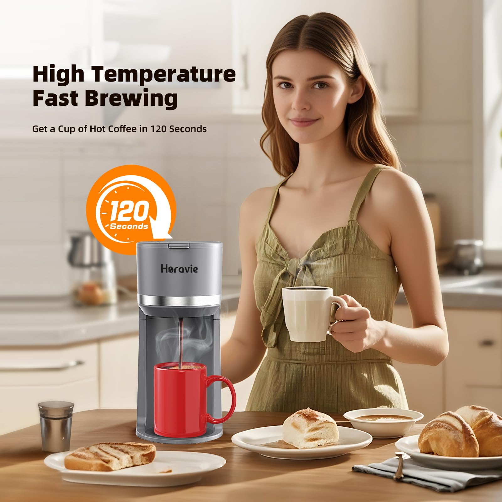 Horavie one-button brew delivers hot coffee quickly.