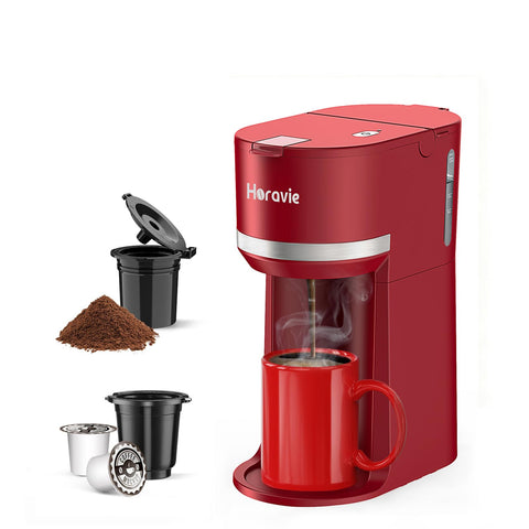 Horavie red mini single-serve coffee maker on counter for quick morning brew