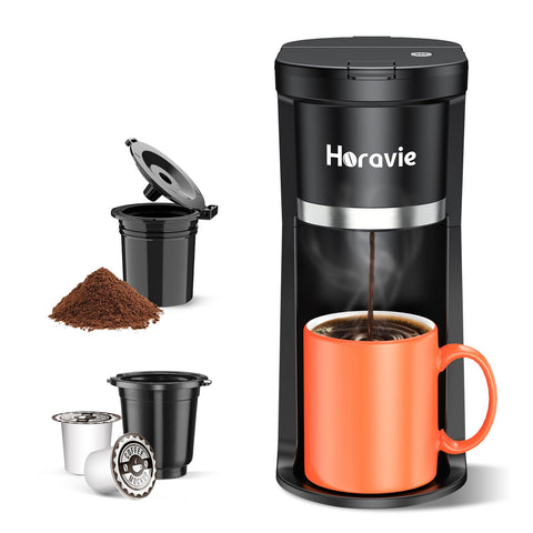 Horavie small single-serve coffee maker shown, ideal for compact kitchens and quick brews.