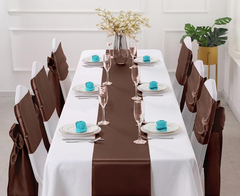 Horbaunal wedding table runner drape enhances banquet décor with luxurious satin finish.