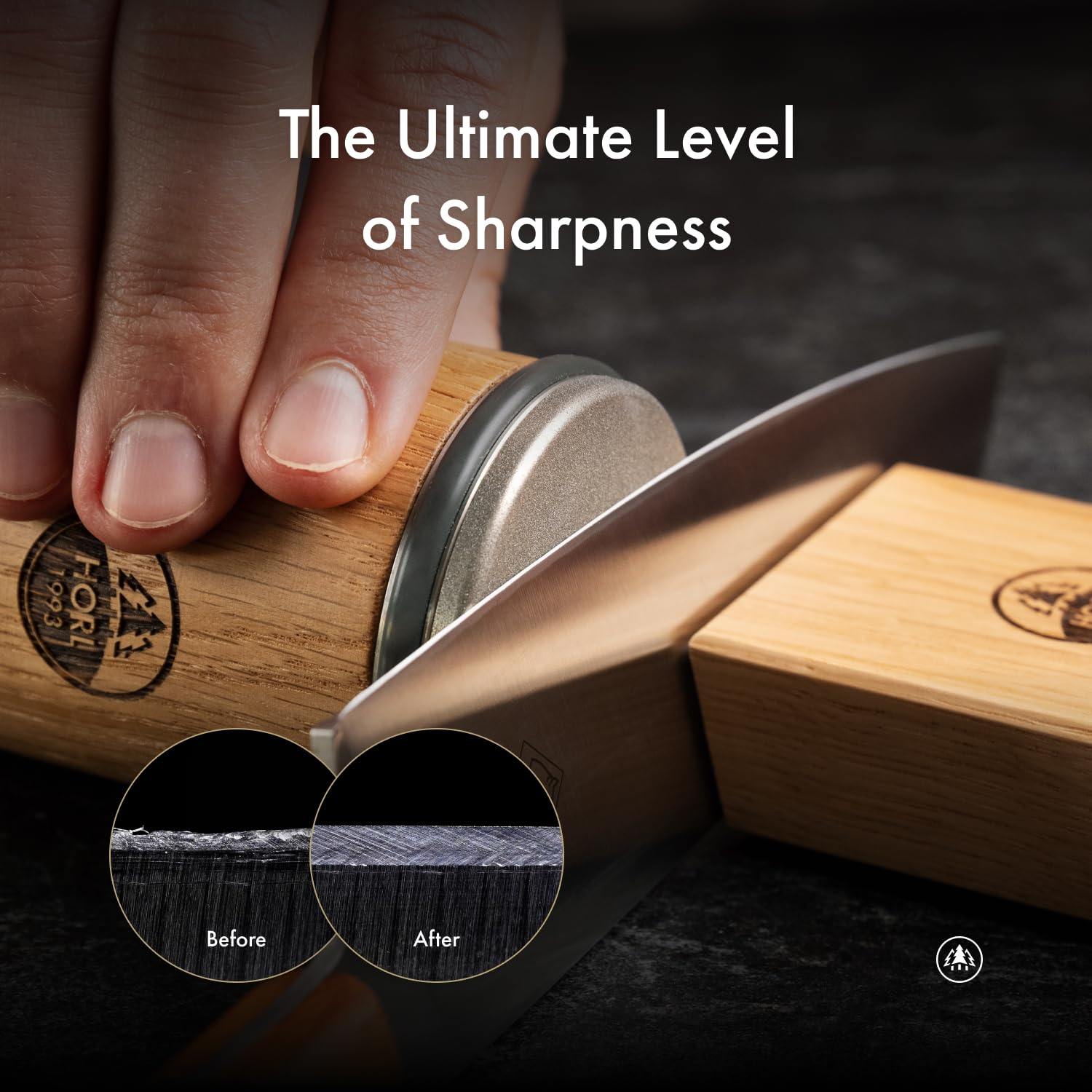 HORL 2 magnetic angle support at 15° guides a fine edge for precise cuts.