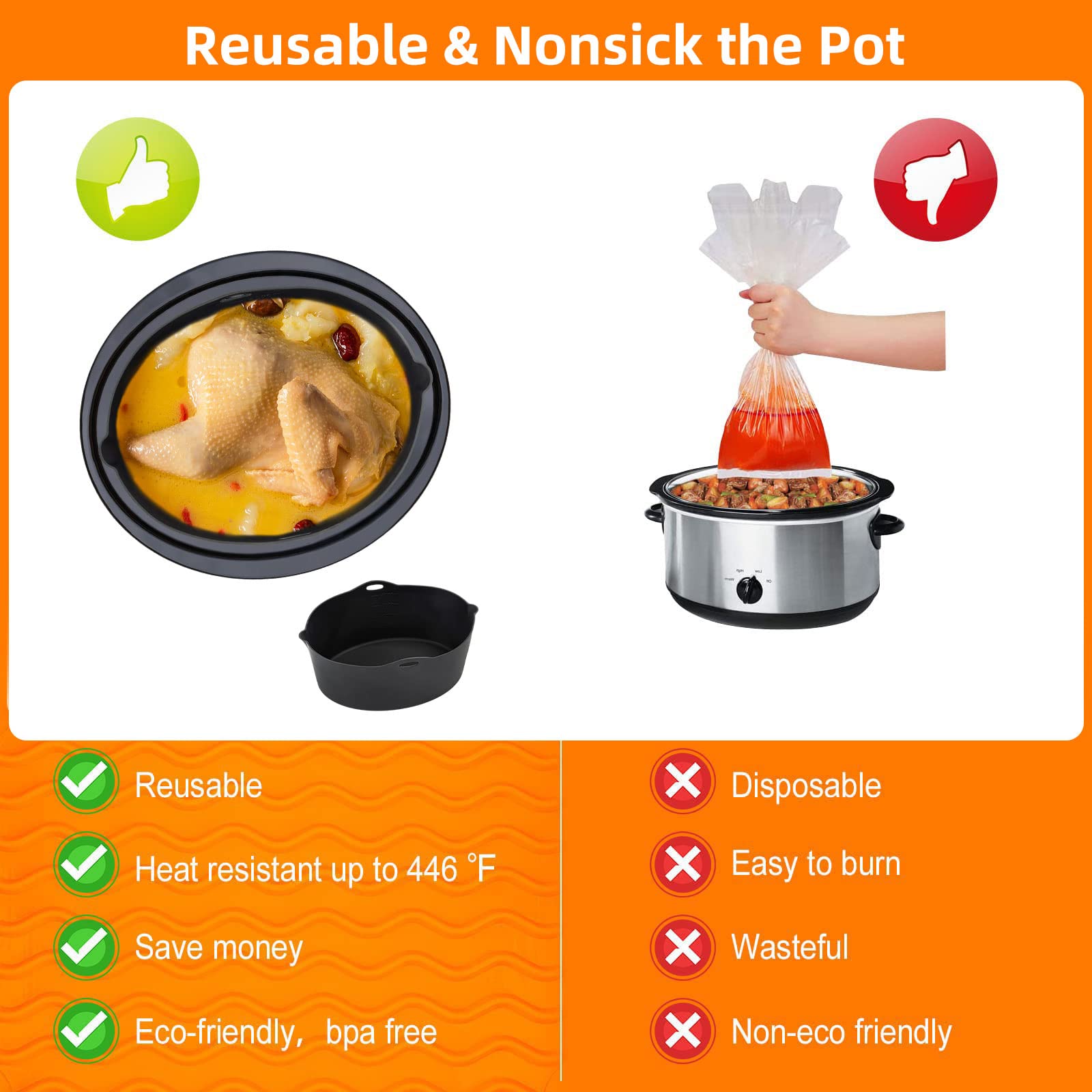 Horuhue divider silicone liner for oval crockpots helps separate ingredients and protect surfaces