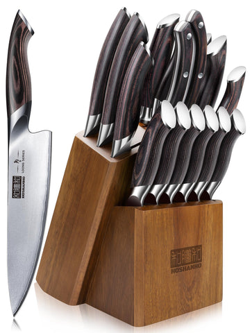 HOSHANHO knife block with 16-piece set for organized prep.