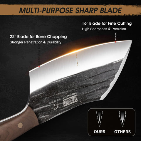 HOSHANHO cleaver with dual-blade design in action for vegetables and meats.