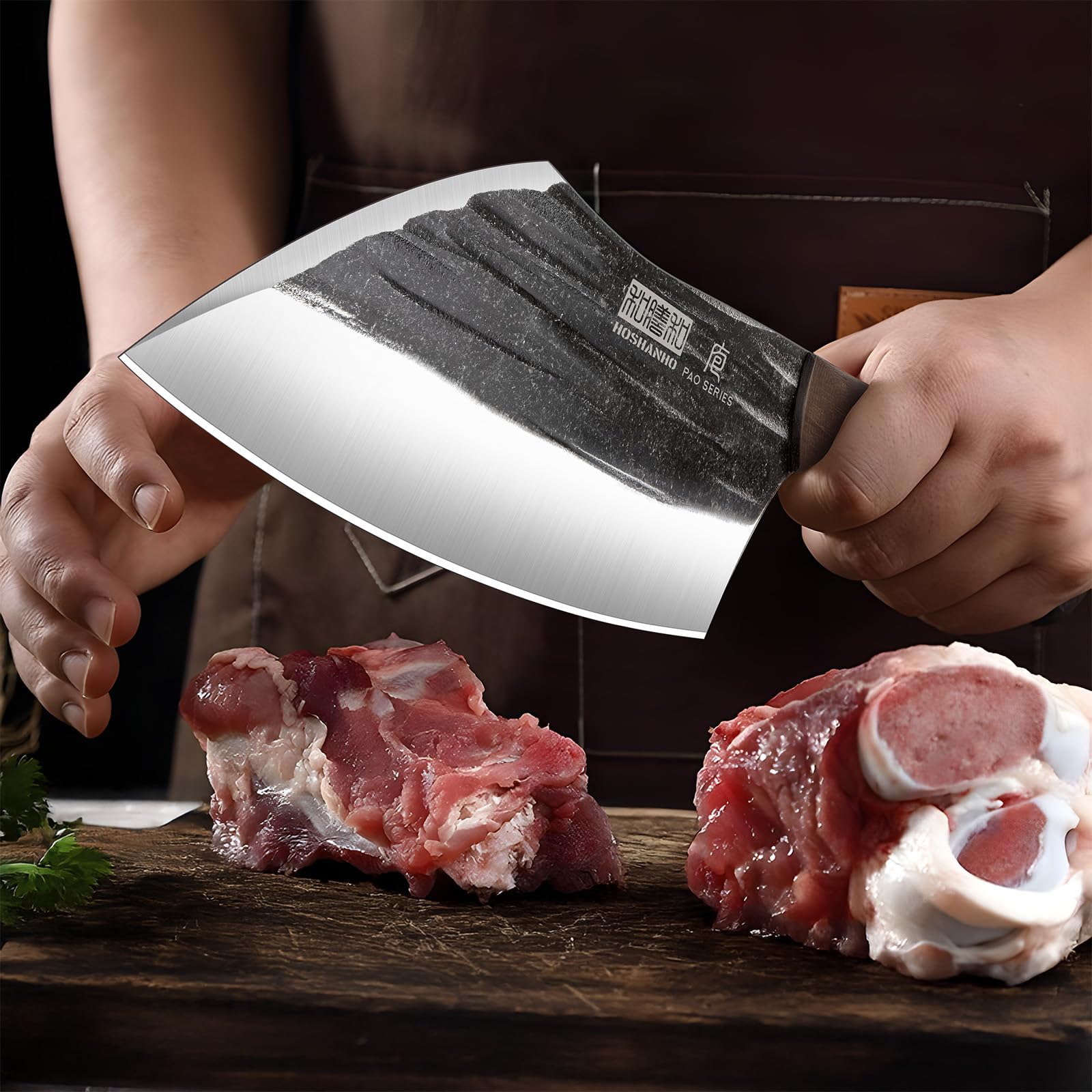 Ergonomic walnut handle close-up promoting comfortable, stable grip during long prep tasks.