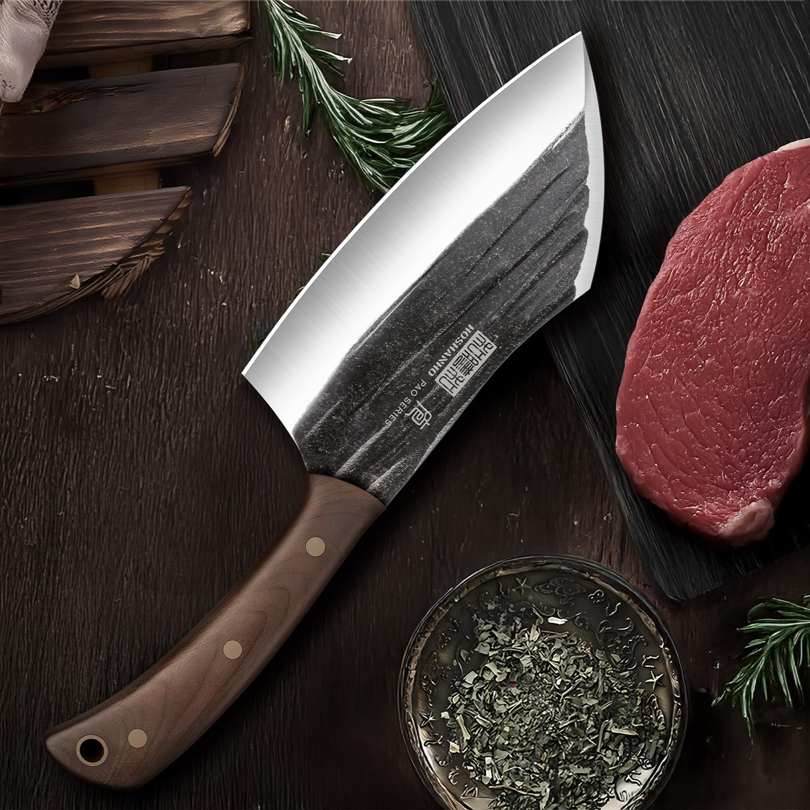 Outdoor cooking scene with HOSHANHO cleaver ideal for camping prep.