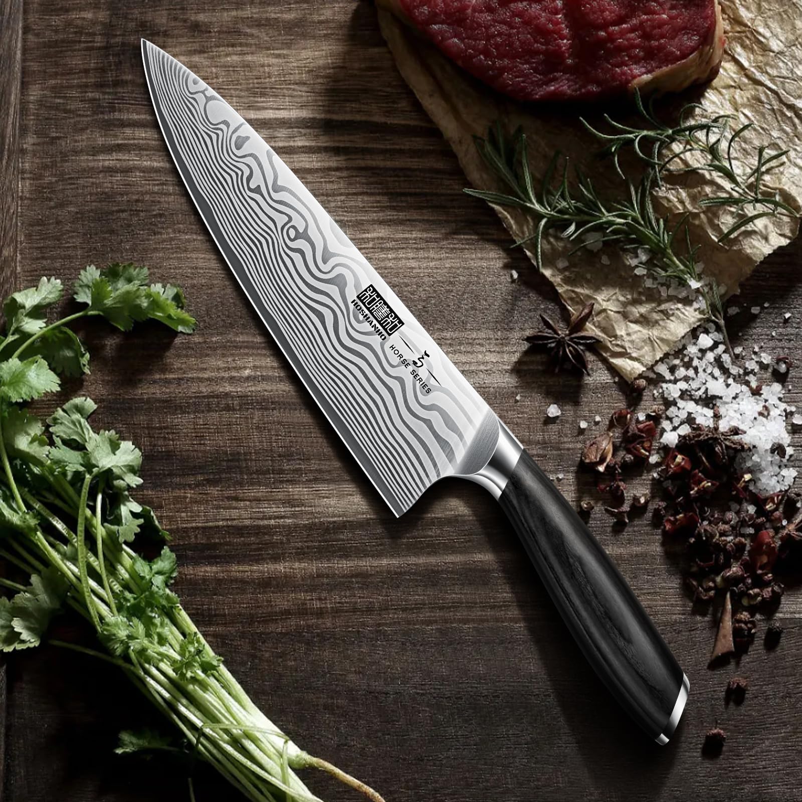 HOSHANHO 6-inch utility knife for prepping vegetables and meats.