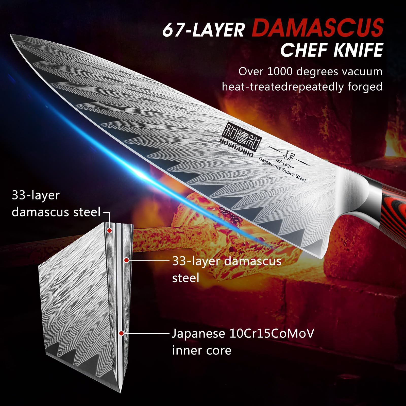 HOSHANHO Damascus knife blade highlights 67-layer core for durability