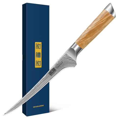HOSHANHO 7-inch Damascus fillet knife blade close-up for precise cuts.