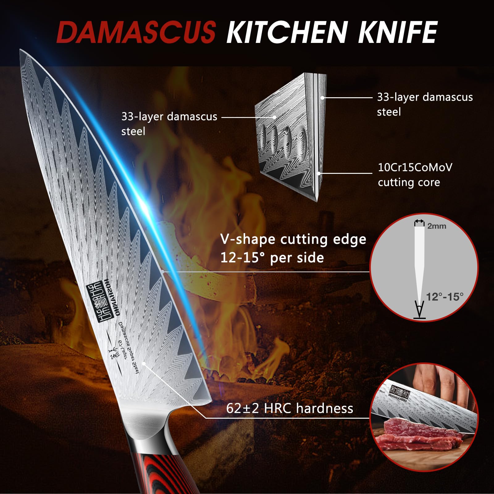 HOSHANHO 7-inch Santoku knife close-up for versatile chopping.