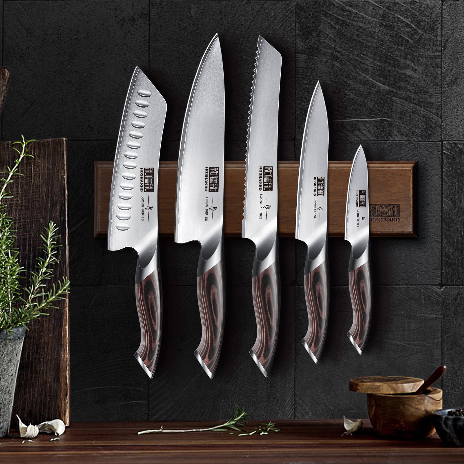 HOSHANHO acacia wood magnetic knife holder displayed with natural grain.