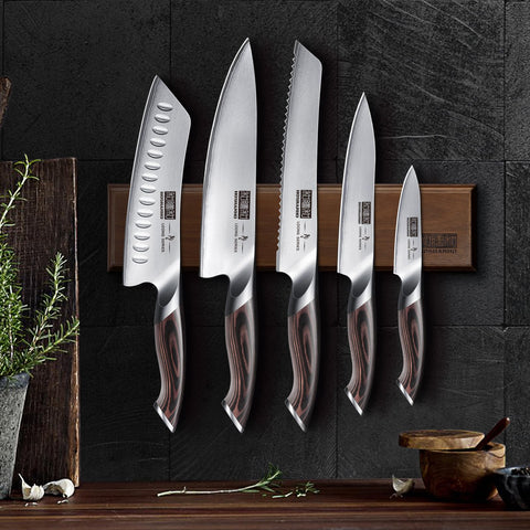 HOSHANHO acacia wood magnetic knife holder displayed with natural grain.