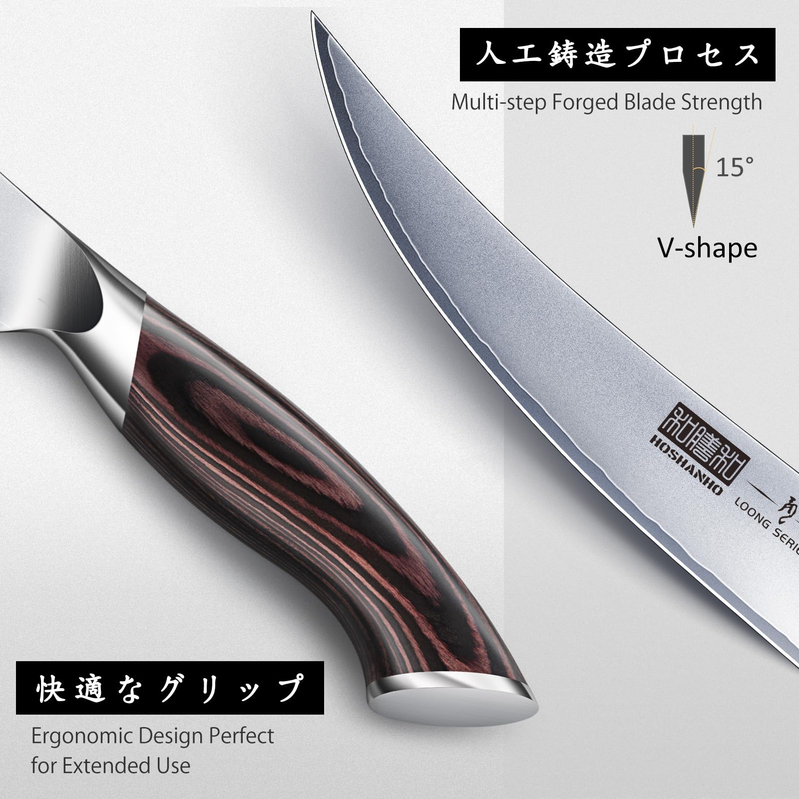 HOSHANHO 6-inch edge with sharp bevel for clean, professional cuts.