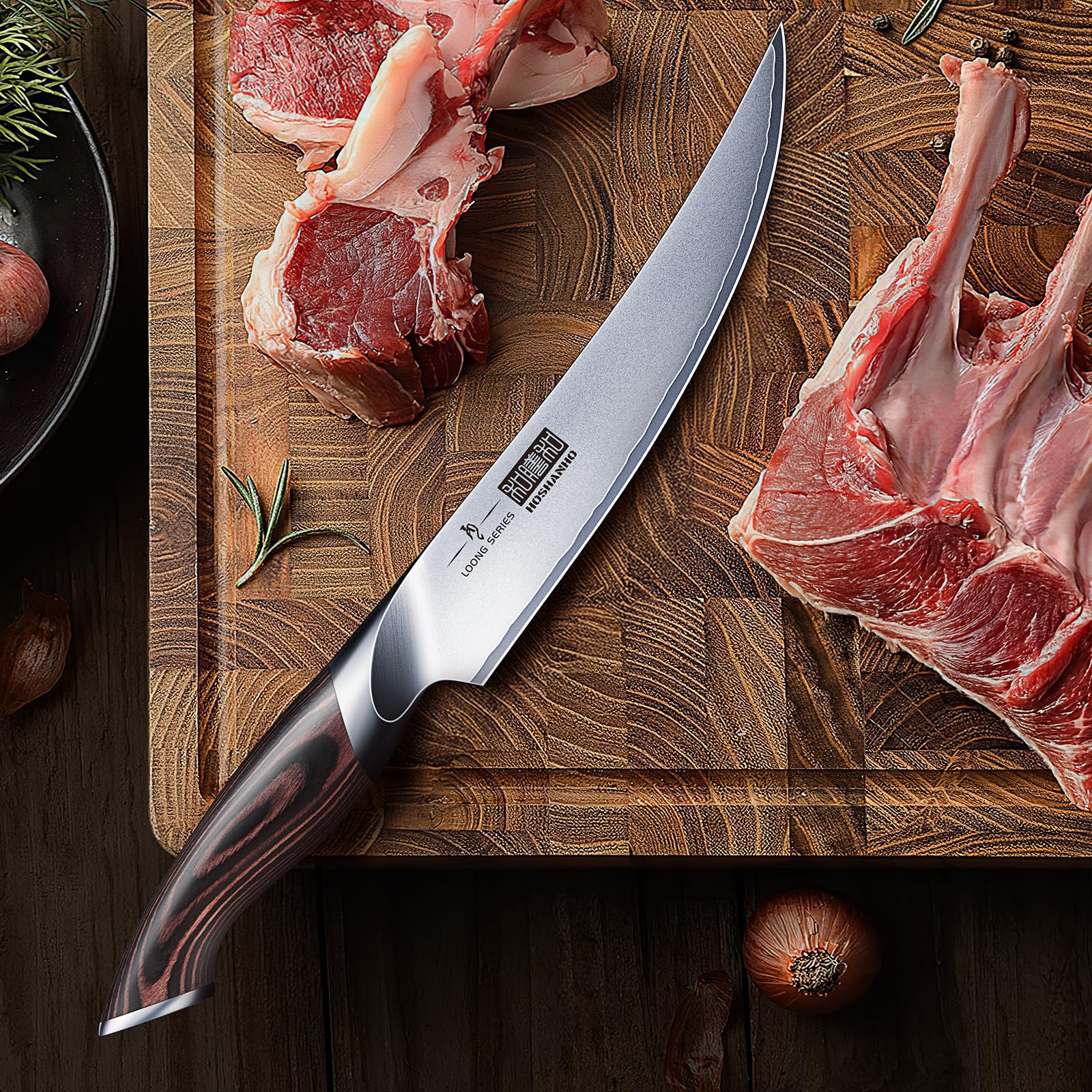 HOSHANHO frosted blade with wood-grain handle adds premium kitchen aesthetics.