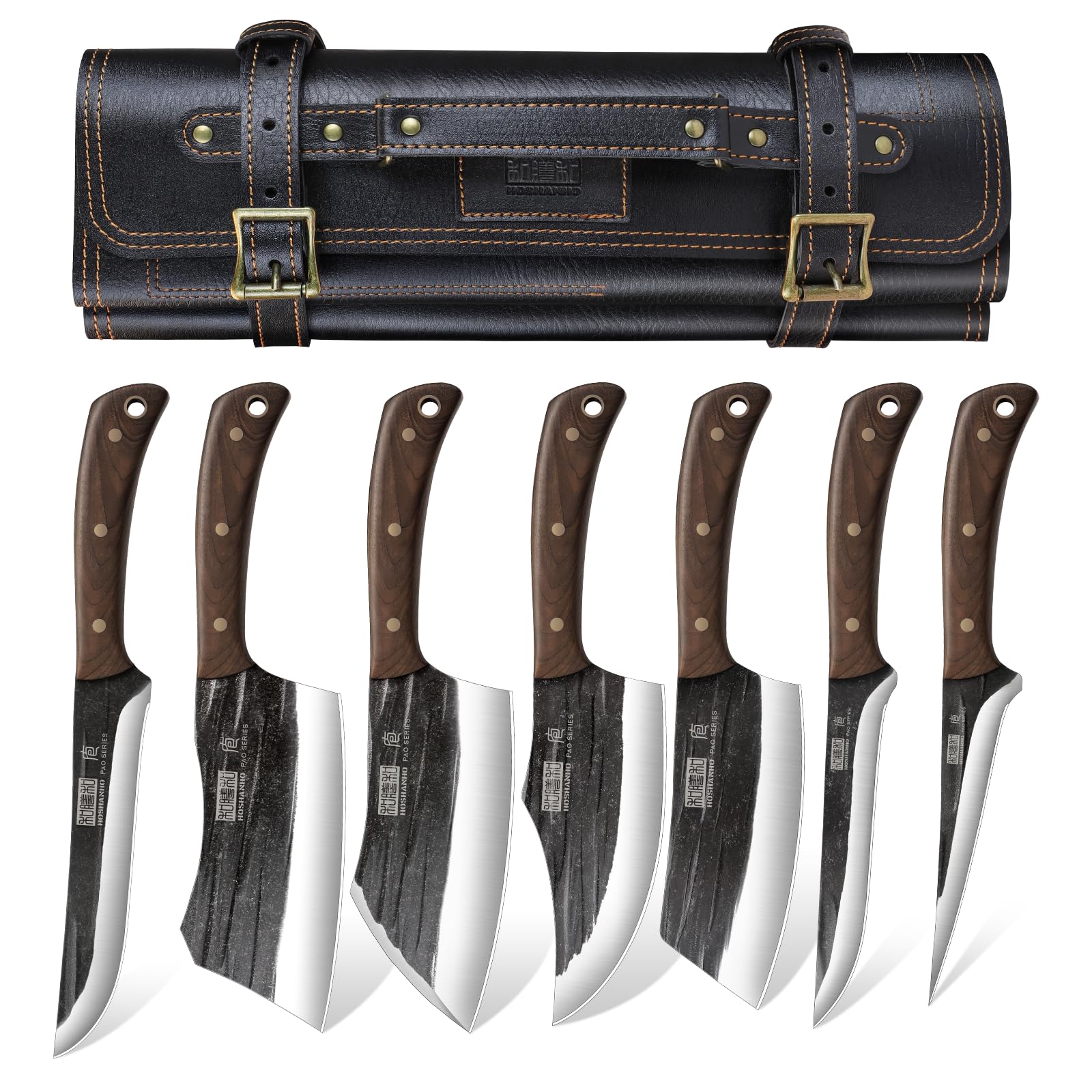 HOSHANHO Butcher Knife Set in roll bag for outdoor cooking and easy transport