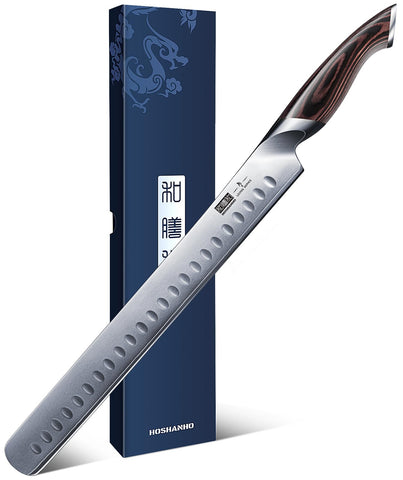 HOSHANHO 12-inch carving knife blade at 15° angle for effortless brisket slicing
