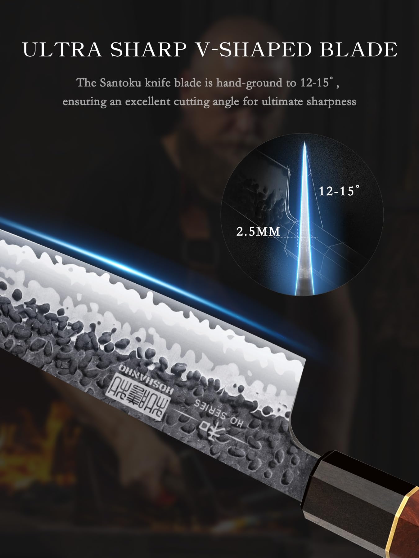 HOSHANHO Chef's Santoku Knife durable blade with 60 HRC rating.