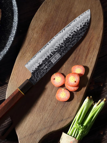 HOSHANHO Chef's Santoku Knife prepping vegetables in a kitchen scene.