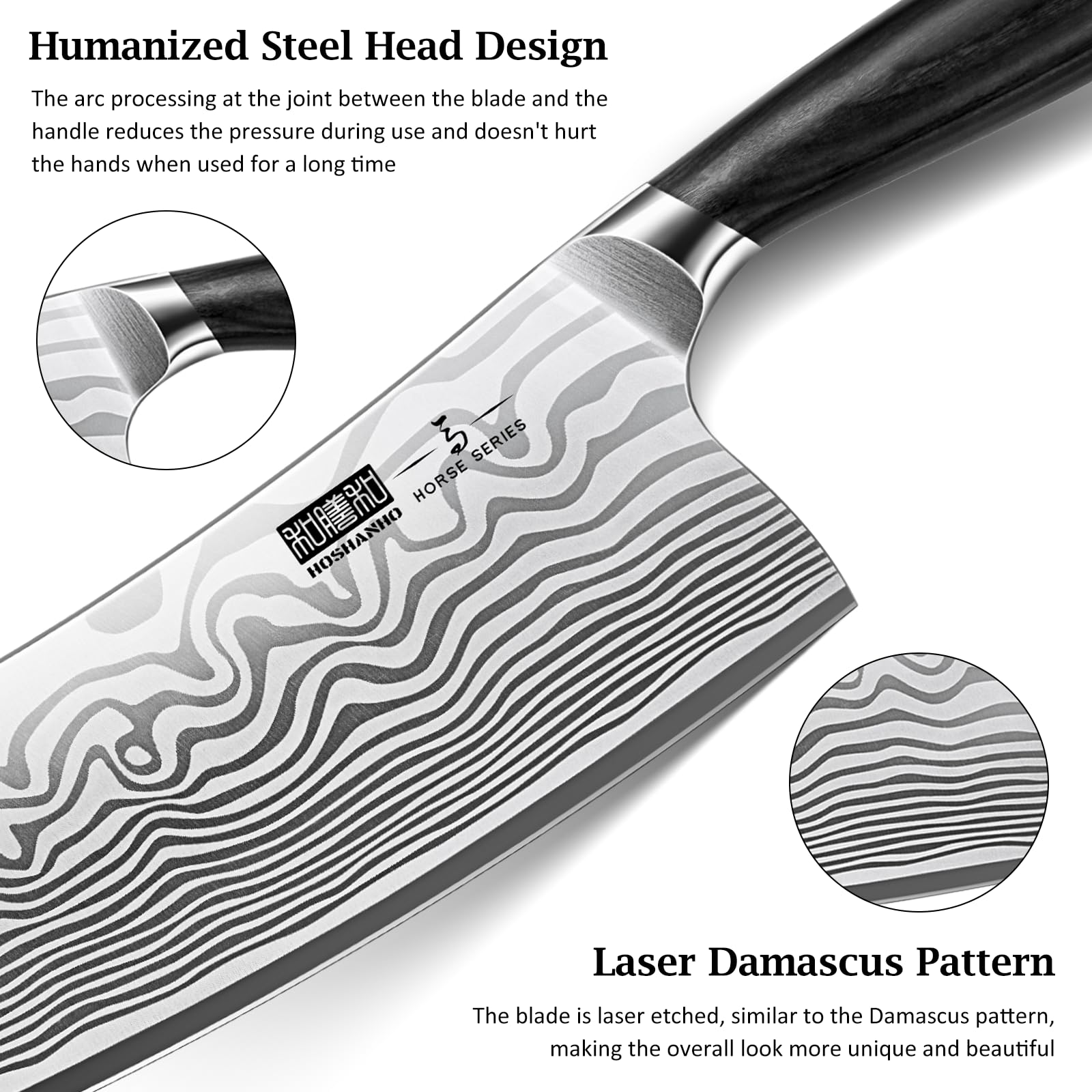 HOSHANHO damascus-pattern blade design adds style with durable performance.