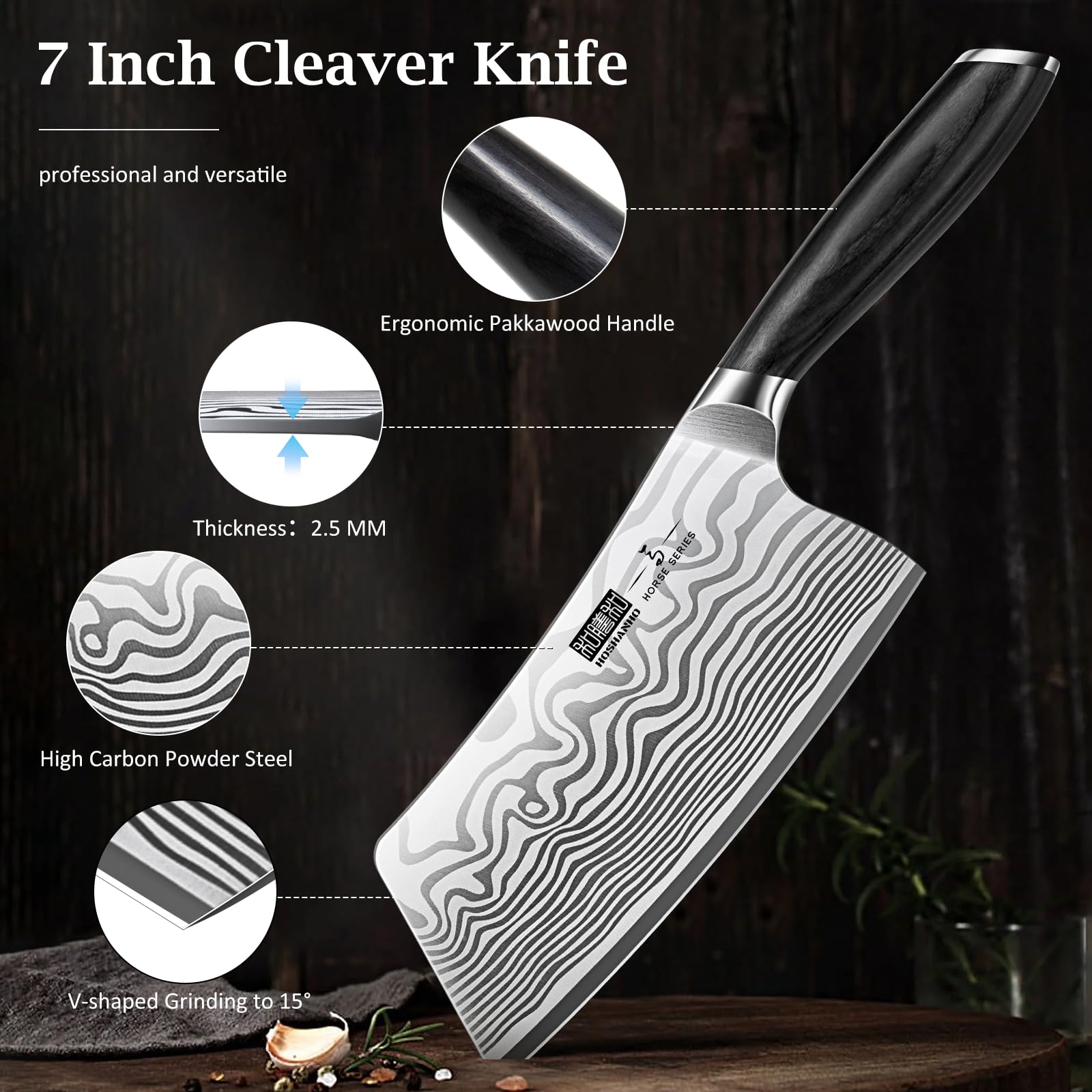 HOSHANHO cleaver handle ergonomic for secure grip and precise control.