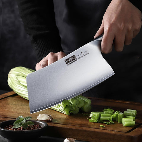 HOSHANHO 7inch cleaver in action for fast chopping tasks.