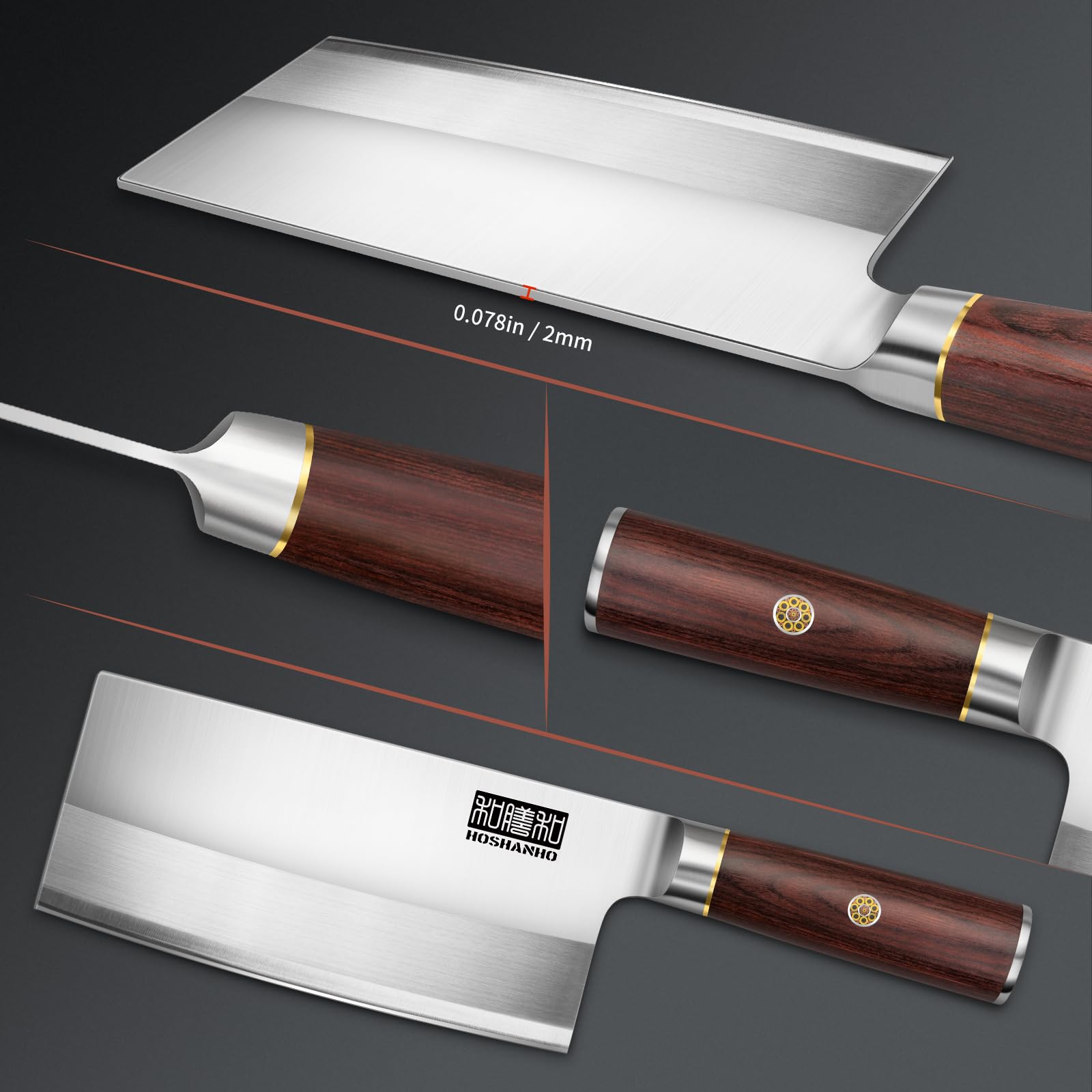 HOSHANHO Cleaver meat-cutting action demonstrates efficient severing of meat and vegetables.