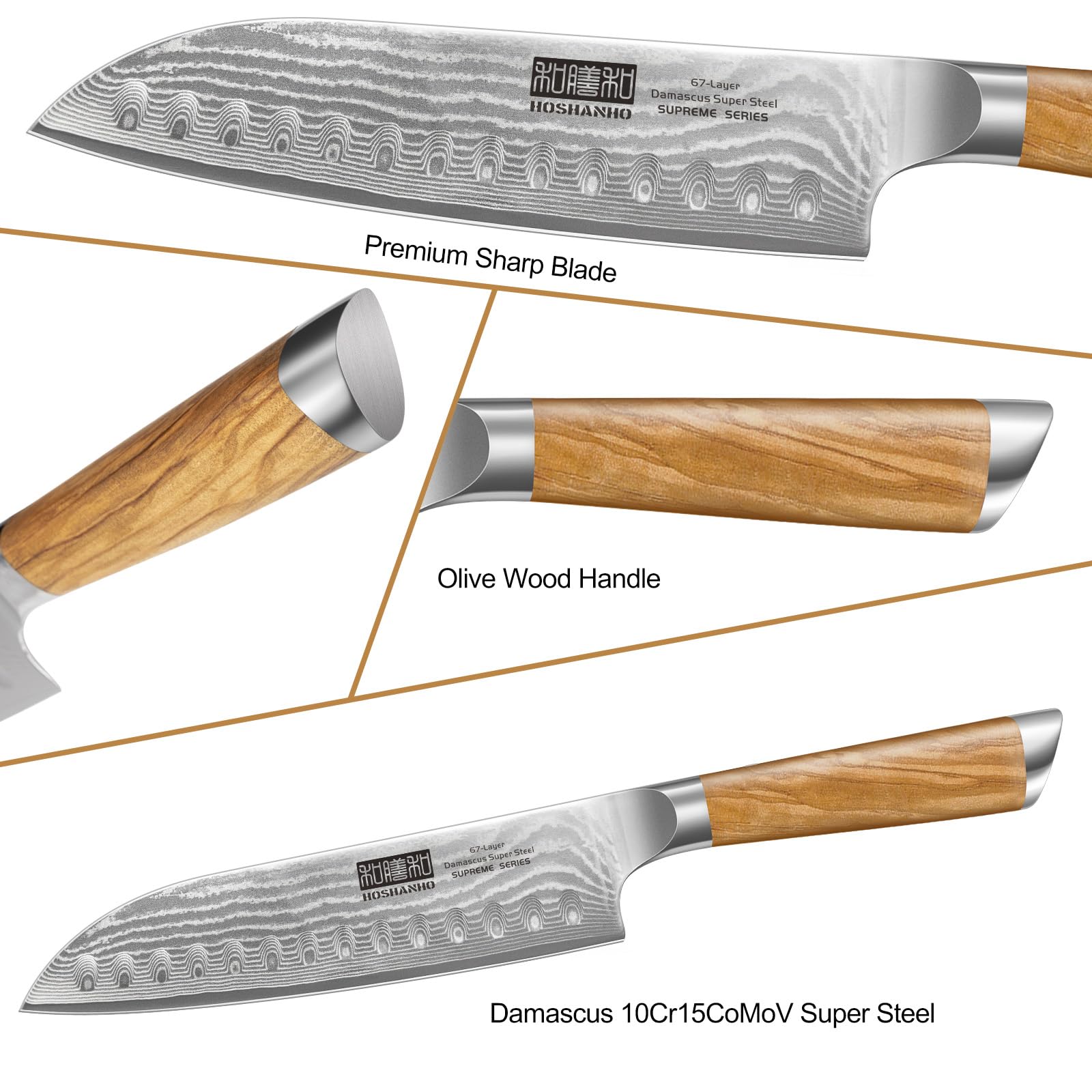 Close-up of HOSHANHO Damascus blade showing the 67-layer pattern and sharp edge.