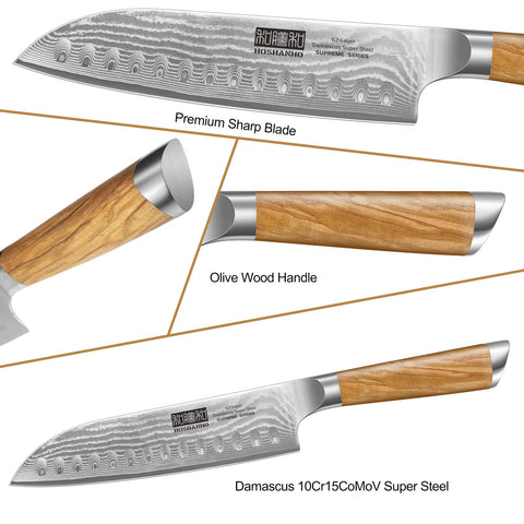 Close-up of HOSHANHO Damascus blade showing the 67-layer pattern and sharp edge.