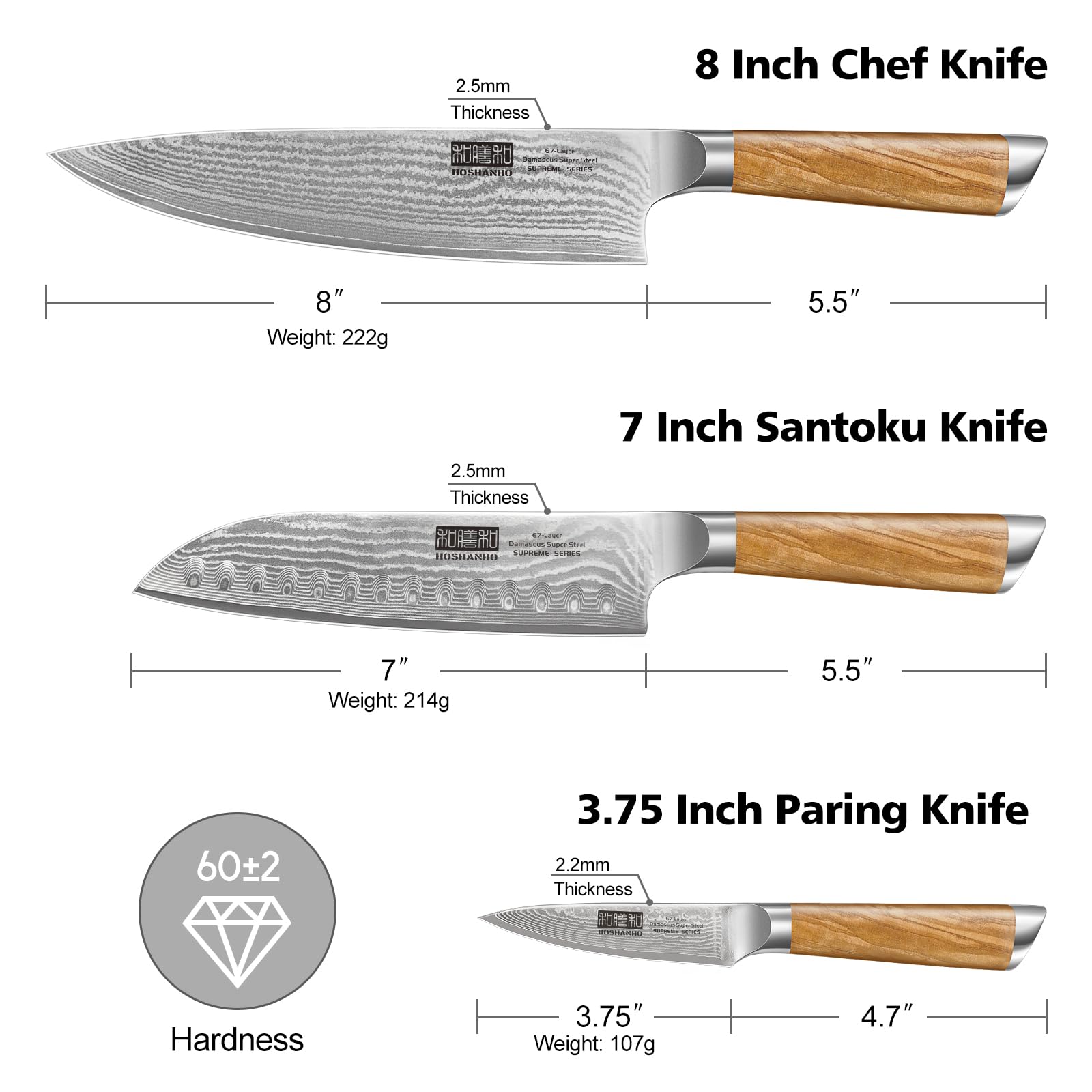 HOSHANHO Damascus 7-inch santoku knife for even, clean cuts on vegetables and proteins.