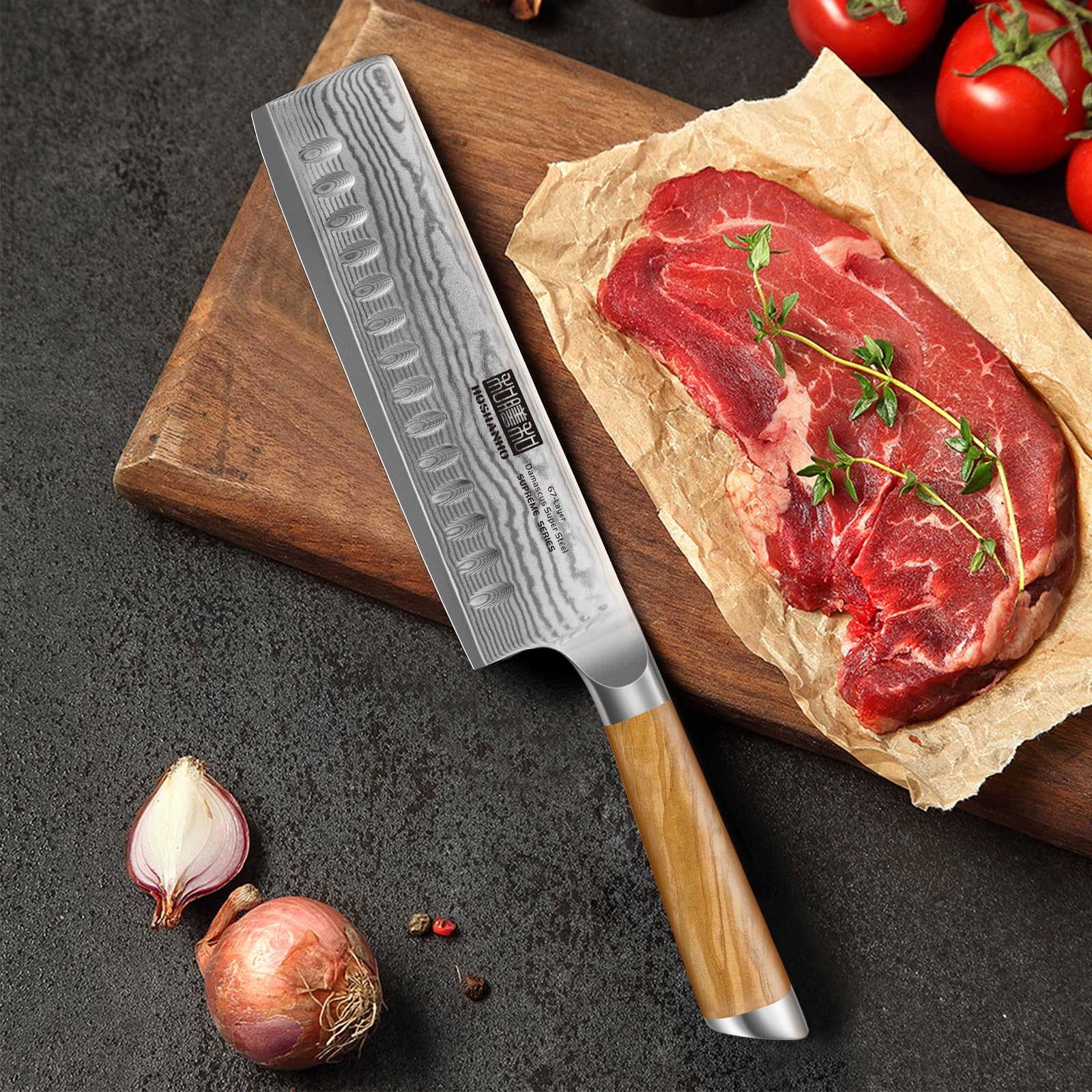 HOSHANHO Nakiri knife displayed for everyday kitchen tasks.