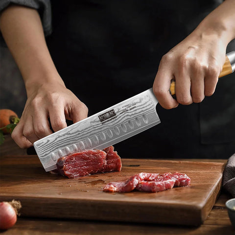 HOSHANHO Nakiri knife in action slicing vegetables with ease.